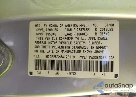 2008 Honda Accord 2.4 Lx z USA, uszkodzony, nr VIN 1HGCP263X8A126119